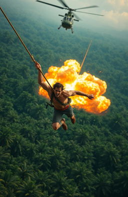 A dynamic scene capturing a heroic figure mid-jump, gripping a rope as they escape from a massive explosion