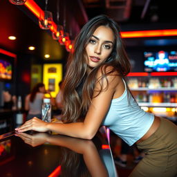 An engaging scene of a young woman in a white top bending over a polished bar counter