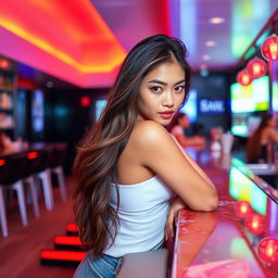 An engaging scene of a young woman in a white top bending over a polished bar counter