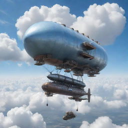 A soaring airpunk tanker, equipped with an array of propellers, zeppelin-like balloons, and wind turbines, floating amidst fluffy clouds under a sky-blue, airy atmosphere.