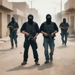 Intense scene depicting a cartel gang armed with assault rifles on a dusty street.