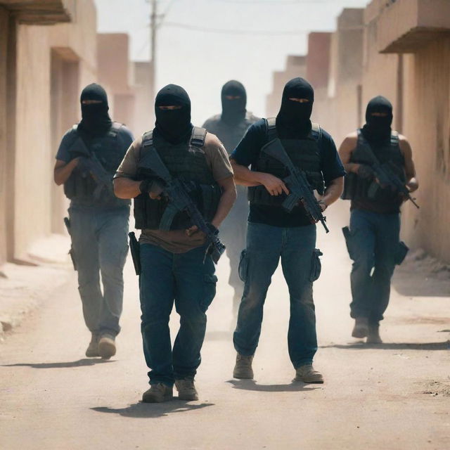 Intense scene depicting a cartel gang armed with assault rifles on a dusty street.