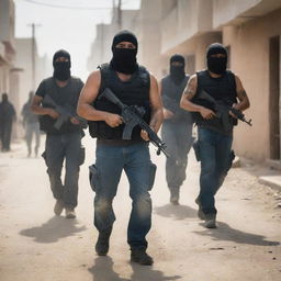 Intense scene depicting a cartel gang armed with assault rifles on a dusty street.