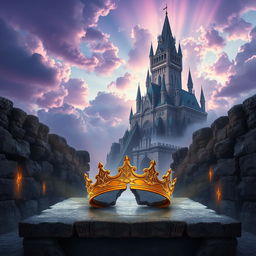 A breathtaking scene featuring a towering, mystical castle that floats majestically in the sky, partially obscured by swirling, magical clouds in shades of purple and blue