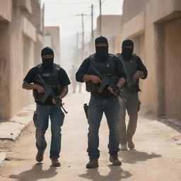 Intense scene depicting a cartel gang armed with assault rifles on a dusty street.