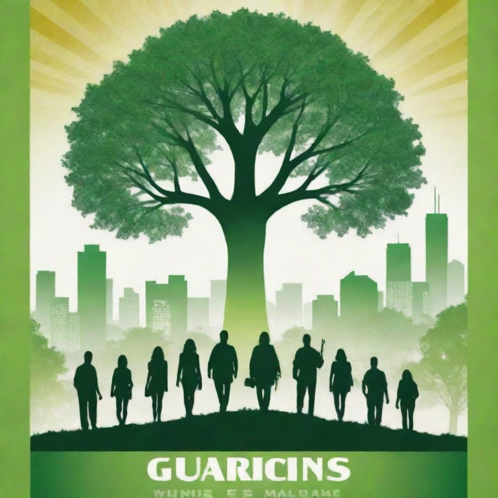 Design a high-definition, radiant environmental poster, with a dominant central tree. It features modern-stylized guardians, some backpacking and many engaged in various eco-friendly activities, their backs to the viewer. Amidst a distant urban skyline, the focus is on the sprawling, vibrant green eco-system, underscoring the human-environment harmony.