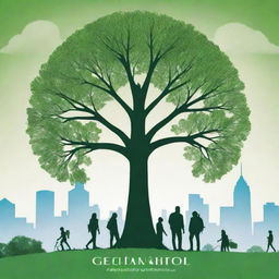 Design a high-definition, radiant environmental poster, with a dominant central tree. It features modern-stylized guardians, some backpacking and many engaged in various eco-friendly activities, their backs to the viewer. Amidst a distant urban skyline, the focus is on the sprawling, vibrant green eco-system, underscoring the human-environment harmony.