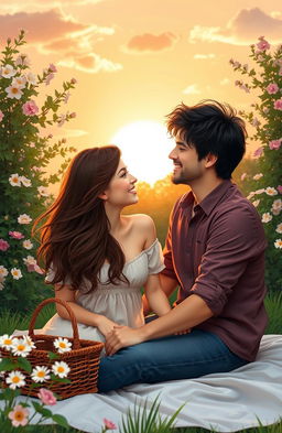 A heartwarming scene depicting a couple enjoying a serene moment together in a beautiful outdoor setting, surrounded by blooming flowers and lush greenery