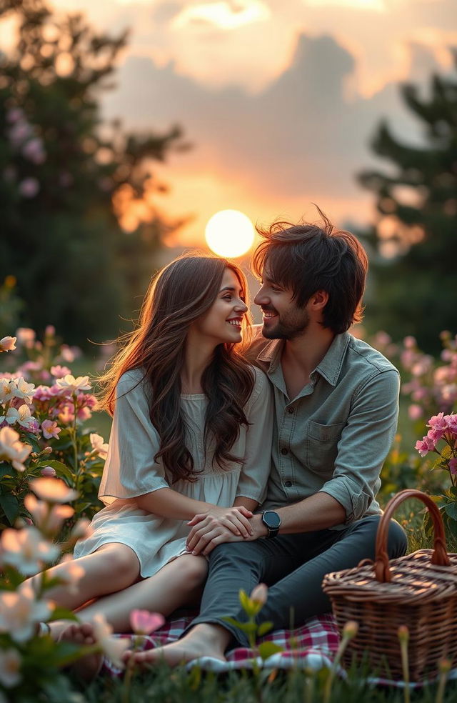 A heartwarming scene depicting a couple enjoying a serene moment together in a beautiful outdoor setting, surrounded by blooming flowers and lush greenery