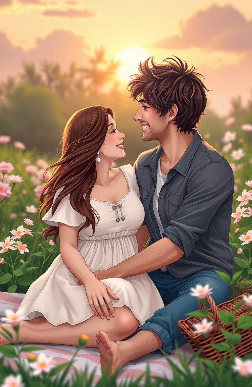 A heartwarming scene depicting a couple enjoying a serene moment together in a beautiful outdoor setting, surrounded by blooming flowers and lush greenery