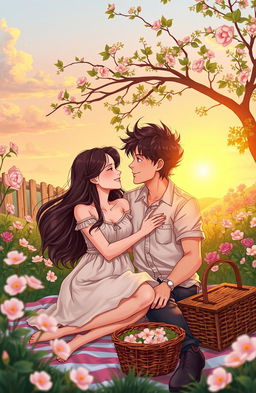 A heartwarming scene depicting a couple enjoying a serene moment together in a beautiful outdoor setting, surrounded by blooming flowers and lush greenery