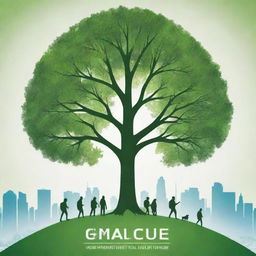 Design a high-definition, radiant environmental poster, with a dominant central tree. It features modern-stylized guardians, some backpacking and many engaged in various eco-friendly activities, their backs to the viewer. Amidst a distant urban skyline, the focus is on the sprawling, vibrant green eco-system, underscoring the human-environment harmony.