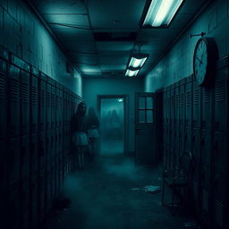 A chilling school hallway at dusk, dimly lit with flickering fluorescent lights casting eerie shadows