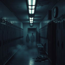 A chilling school hallway at dusk, dimly lit with flickering fluorescent lights casting eerie shadows