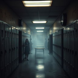 A chilling school hallway at dusk, dimly lit with flickering fluorescent lights casting eerie shadows