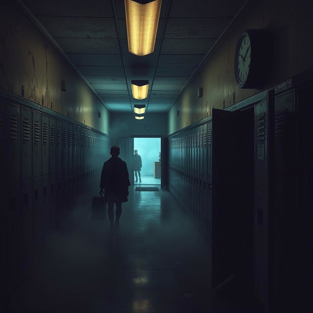 A chilling school hallway at dusk, dimly lit with flickering fluorescent lights casting eerie shadows