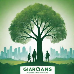 Design a high-definition, radiant environmental poster, with a dominant central tree. It features modern-stylized guardians, some backpacking and many engaged in various eco-friendly activities, their backs to the viewer. Amidst a distant urban skyline, the focus is on the sprawling, vibrant green eco-system, underscoring the human-environment harmony.