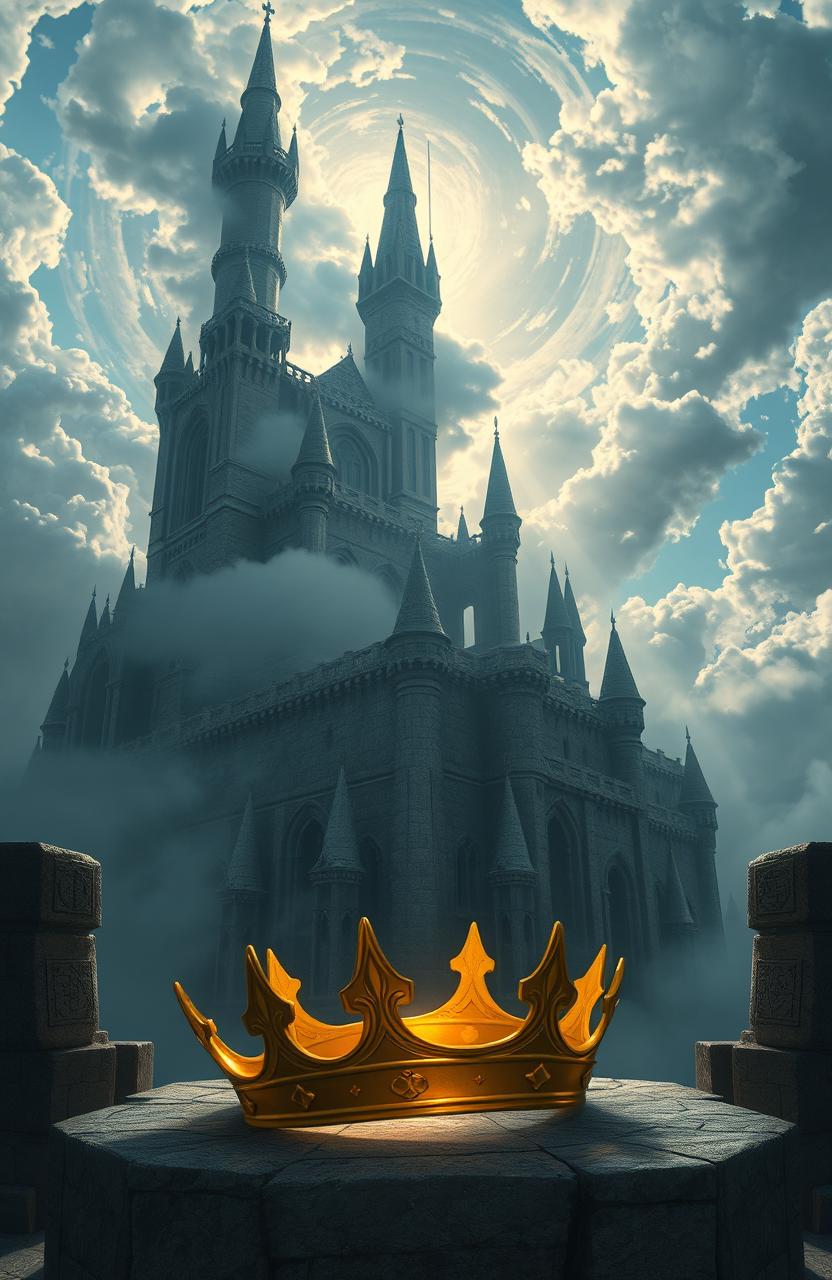 A towering, mystical castle floating in the sky, partially obscured by swirling magical clouds