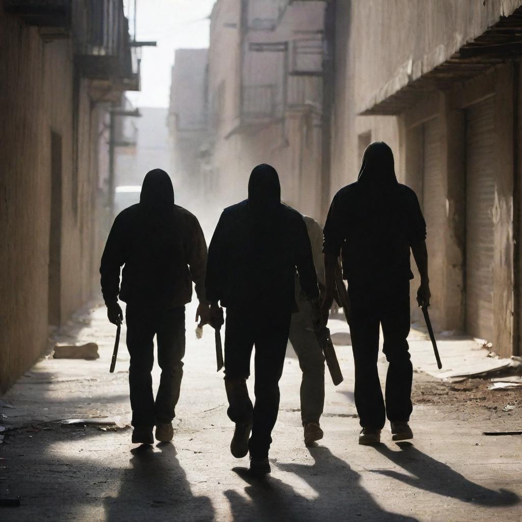 A gritty scene showing a cartel gang carrying extremely sharp machetes, their faces obscured by shadows, in a rundown urban setting.