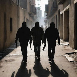 A gritty scene showing a cartel gang carrying extremely sharp machetes, their faces obscured by shadows, in a rundown urban setting.