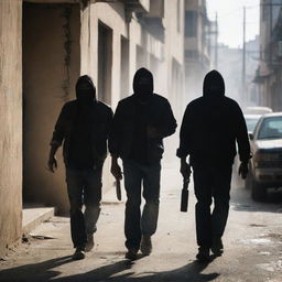 A gritty scene showing a cartel gang carrying extremely sharp machetes, their faces obscured by shadows, in a rundown urban setting.