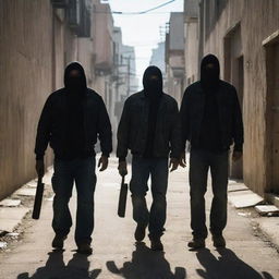 A gritty scene showing a cartel gang carrying extremely sharp machetes, their faces obscured by shadows, in a rundown urban setting.