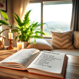 A serene and inspirational scene depicting a peaceful desk space with a beautiful journal titled "Prosperidade Alinhada: Reflexões Diárias para um Ano de Abundância Espiritual" open to a page filled with handwritten affirmations