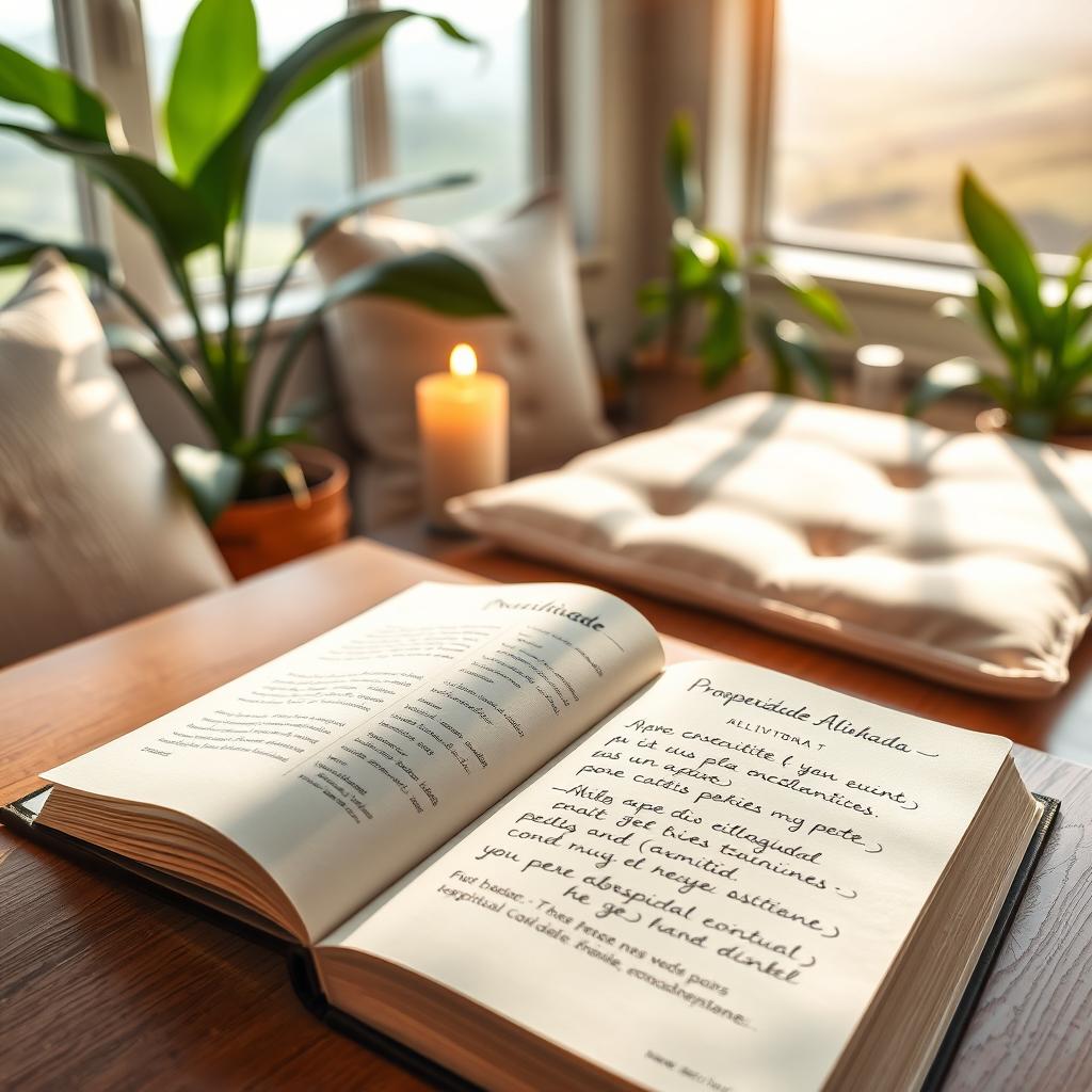 A serene and inspirational scene depicting a peaceful desk space with a beautiful journal titled "Prosperidade Alinhada: Reflexões Diárias para um Ano de Abundância Espiritual" open to a page filled with handwritten affirmations