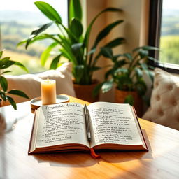 A serene and inspirational scene depicting a peaceful desk space with a beautiful journal titled "Prosperidade Alinhada: Reflexões Diárias para um Ano de Abundância Espiritual" open to a page filled with handwritten affirmations