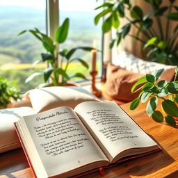 A serene and inspirational scene depicting a peaceful desk space with a beautiful journal titled "Prosperidade Alinhada: Reflexões Diárias para um Ano de Abundância Espiritual" open to a page filled with handwritten affirmations