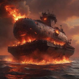 A scorching firepunk tanker, designed with red-hot steel plates, belching flame jets, and molten lava compartments, cruising through a smoky, ember-lit sea under a fiery, apocalyptic sky.