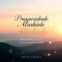 An elegant eBook cover design featuring the title "Prosperidade Alinhada: Reflexões Diárias para um Ano de Abundância Espiritual" prominently displayed in beautiful, flowing typography