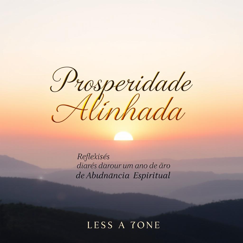 An elegant eBook cover design featuring the title "Prosperidade Alinhada: Reflexões Diárias para um Ano de Abundância Espiritual" prominently displayed in beautiful, flowing typography