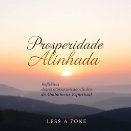 An elegant eBook cover design featuring the title "Prosperidade Alinhada: Reflexões Diárias para um Ano de Abundância Espiritual" prominently displayed in beautiful, flowing typography