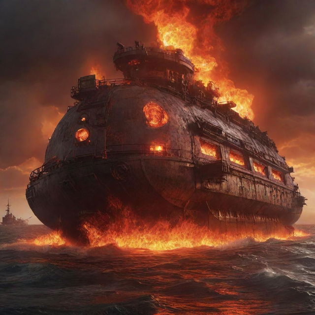 A scorching firepunk tanker, designed with red-hot steel plates, belching flame jets, and molten lava compartments, cruising through a smoky, ember-lit sea under a fiery, apocalyptic sky.