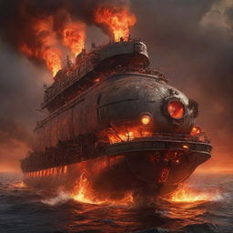 A scorching firepunk tanker, designed with red-hot steel plates, belching flame jets, and molten lava compartments, cruising through a smoky, ember-lit sea under a fiery, apocalyptic sky.