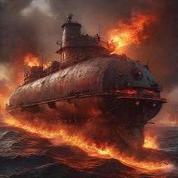 A scorching firepunk tanker, designed with red-hot steel plates, belching flame jets, and molten lava compartments, cruising through a smoky, ember-lit sea under a fiery, apocalyptic sky.