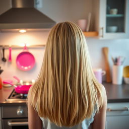 A blonde teenager viewed from behind, standing in a contemporary kitchen