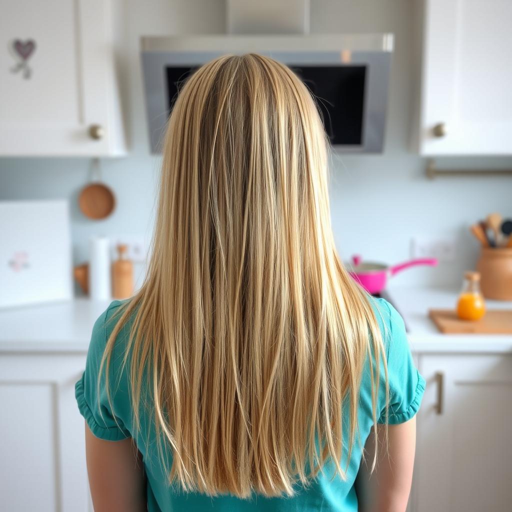 A blonde teenager viewed from behind, standing in a contemporary kitchen