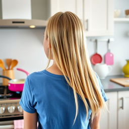 A blonde teenager viewed from behind, standing in a contemporary kitchen