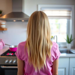 A blonde teenager viewed from behind, standing in a contemporary kitchen