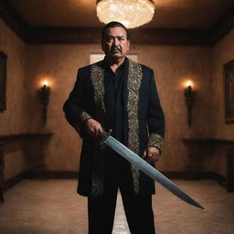 A powerful image of a cartel boss, commanding and fearsome, holding an incredibly sharp machete, standing in a richly decorated room illuminating dangerous dominance.