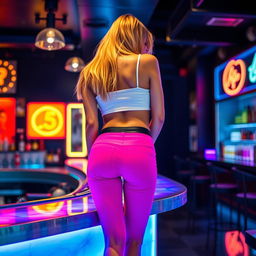 A young blonde woman viewed from behind, wearing vibrant pink hot pants and a white crop top, bending over a stylish bar counter