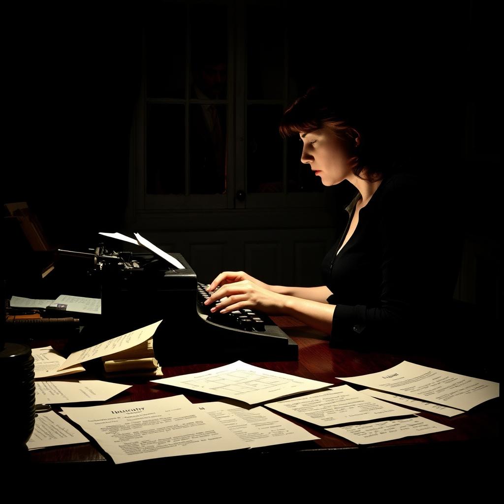 In the foreground, a woman (the writer) is sitting at her desk, using an antique typewriter