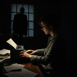 In the foreground, a woman (the writer) is sitting at her desk, using an antique typewriter