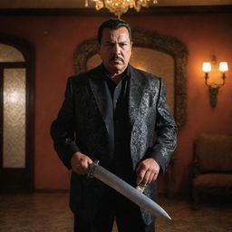 A powerful image of a cartel boss, commanding and fearsome, holding an incredibly sharp machete, standing in a richly decorated room illuminating dangerous dominance.