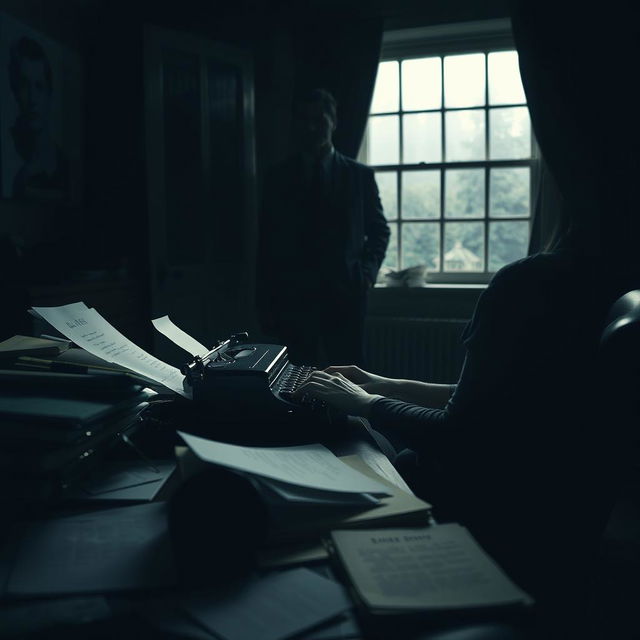 In the foreground, a woman (the writer) is sitting at her desk, using an antique typewriter