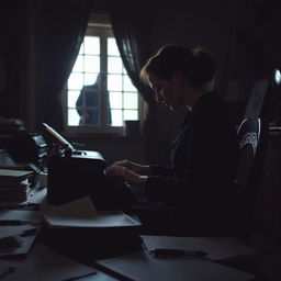 In the foreground, a woman (the writer) is sitting at her desk, using an antique typewriter