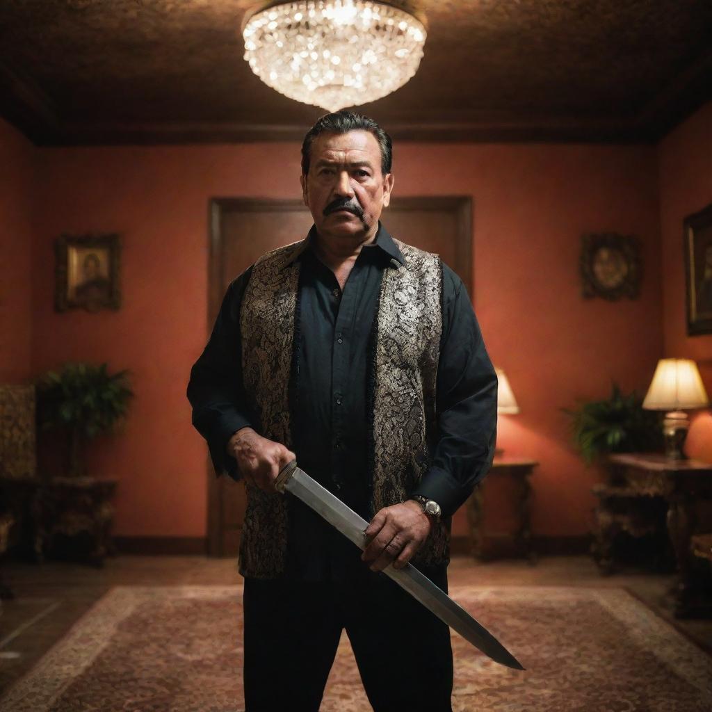 A powerful image of a cartel boss, commanding and fearsome, holding an incredibly sharp machete, standing in a richly decorated room illuminating dangerous dominance.