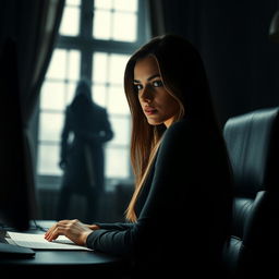 A beautiful woman, a writer, sits at her work desk with a computer, partially in profile and deep in concentration